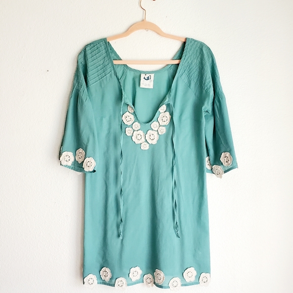 Anthropologie Mermaid Crochet Lace Tie Front Tunic Mini Dress Cover Up Green XS - Picture 2 of 5